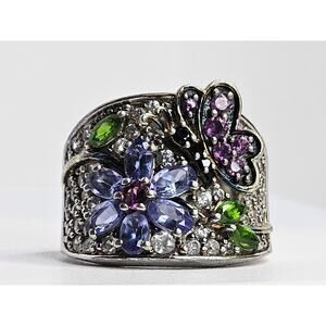 925 Sterling Silver Multi-gemstone - Flower & Butterfly Design Ring (Heavy Wear)